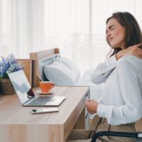 young women neck and shoulder pain injury with red highlights on pain area, healthcare and medical concept . young women neck and shoulder pain injury with red highlights on pain area, healthcare and medical concept .